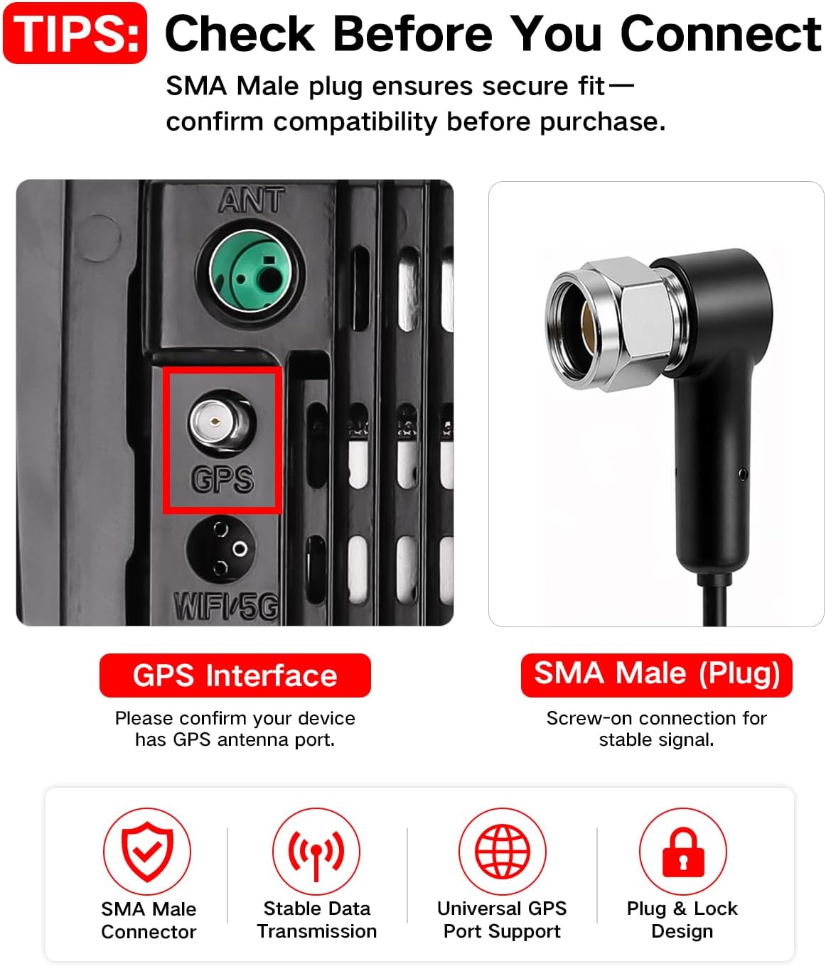 ViaBecs 5.68ft GPS Navigation Antenna SMA Male Connector for Car Stereo Head Unit, Active GPS Antenna, Cable