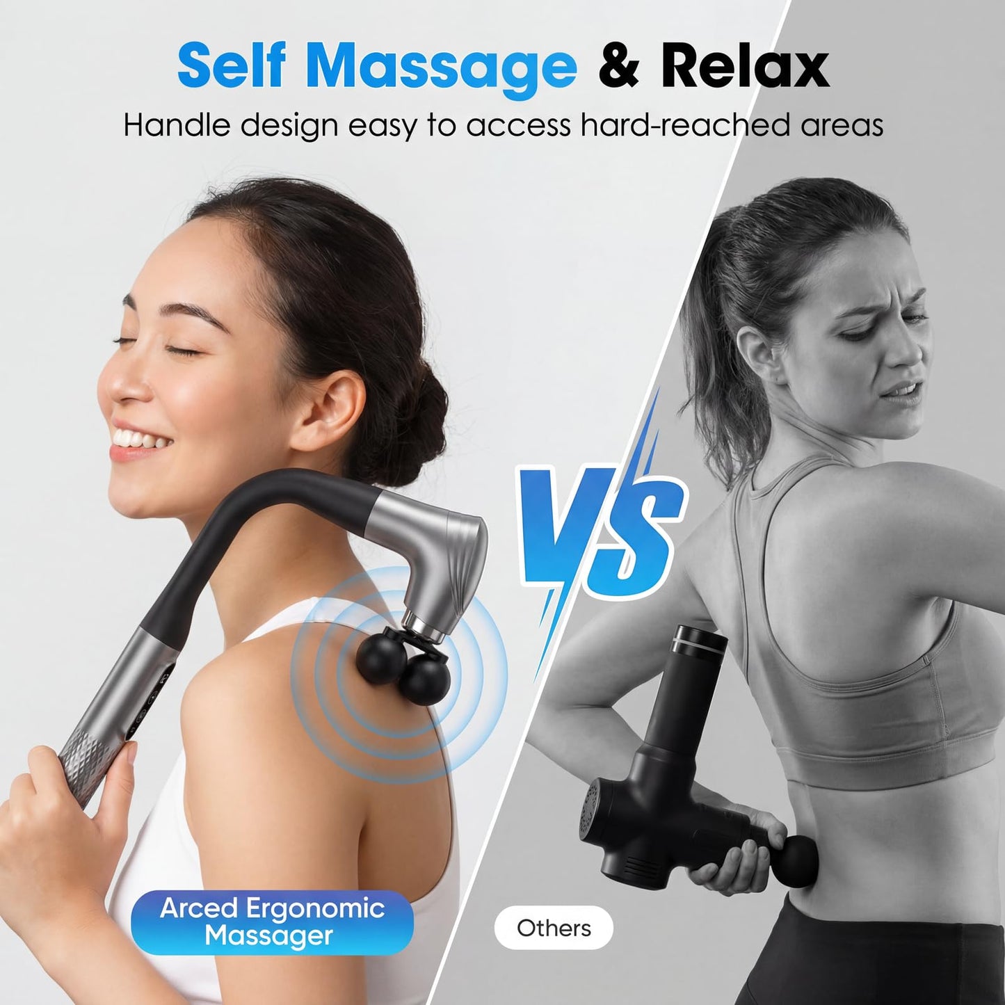 makecatch Long Handle Massage Gun for Back and Shoulders, Ergonomic Extended Reach Deep Tissue Massager, U-Shaped Dual Head Percussion Muscle Massager, 12 Speeds with 5 Heads, Quiet & Cordless