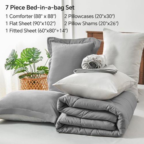BEDELITE Queen Comforter Set - 7-Piece Soft Microfiber Reversible Grey Bedding Set for Year-Round Comfort