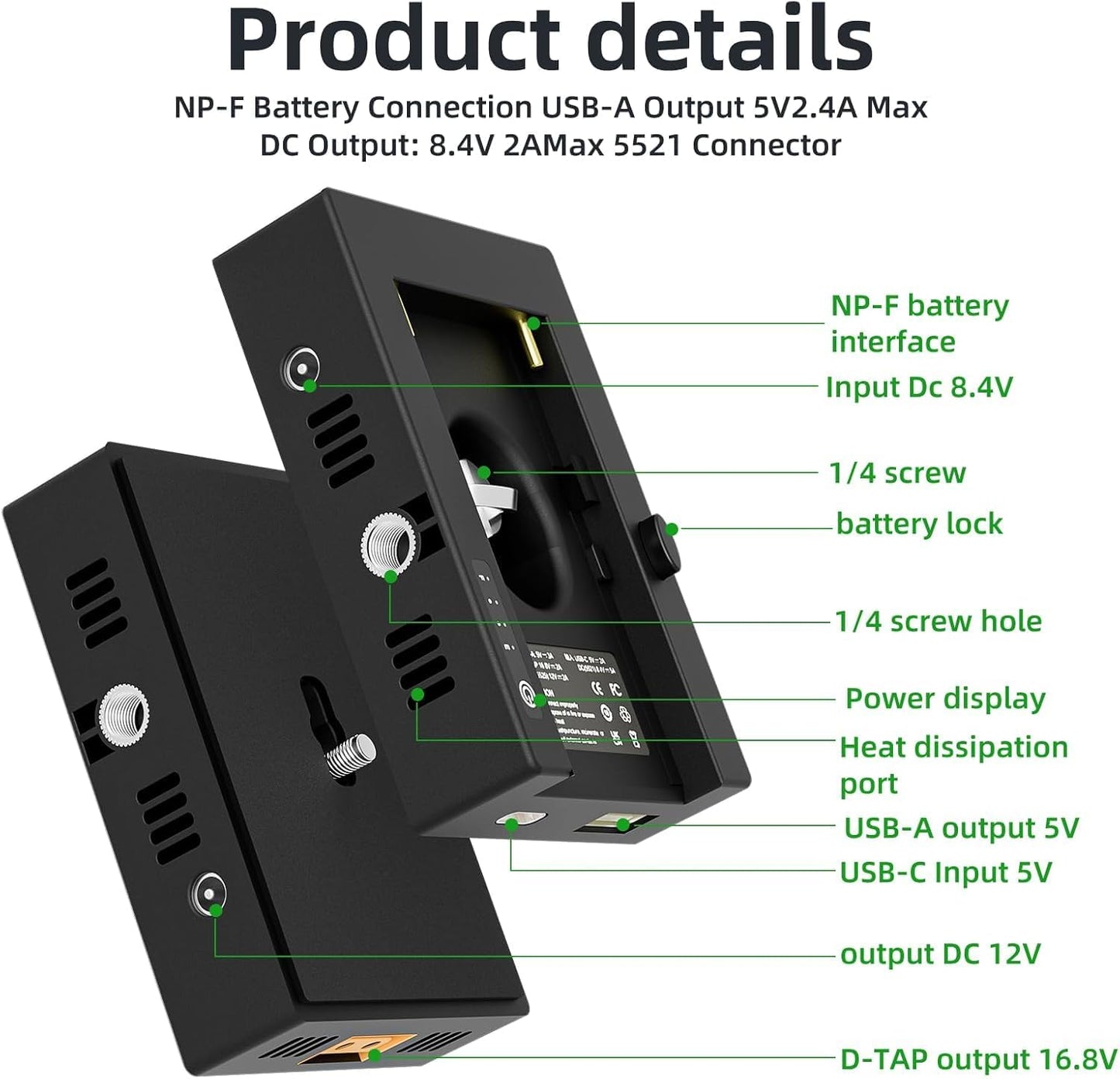 F1TP 12V/16.8V/5V NP-F Battery Mount Plate with D-Tap & USB Output, Compatible with Sony NP-F Series Batteries, Power