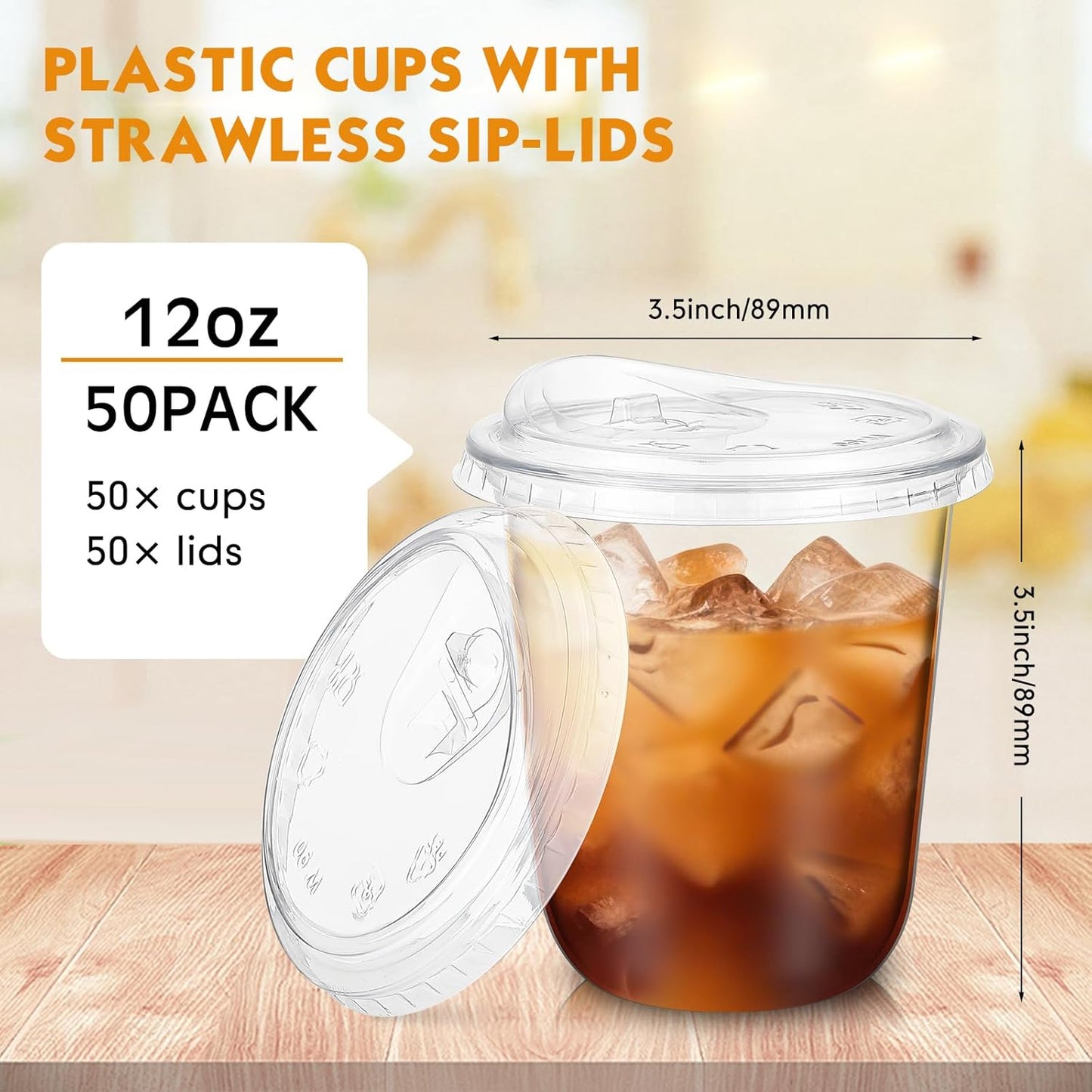 Ziliny 12 oz Clear Plastic Cups - Thickened Disposable PET Cups with Strawless Sip Lids | Perfect for Iced Coffee & Smoothies