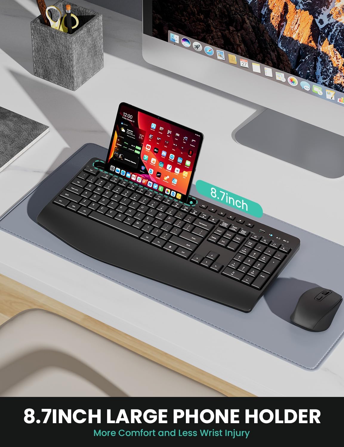 LIZRROT 2.4GHz Ergonomic Wireless Keyboard and Mouse Combination, Quiet Full Length Mouse and Keyboard, Wrist Stand