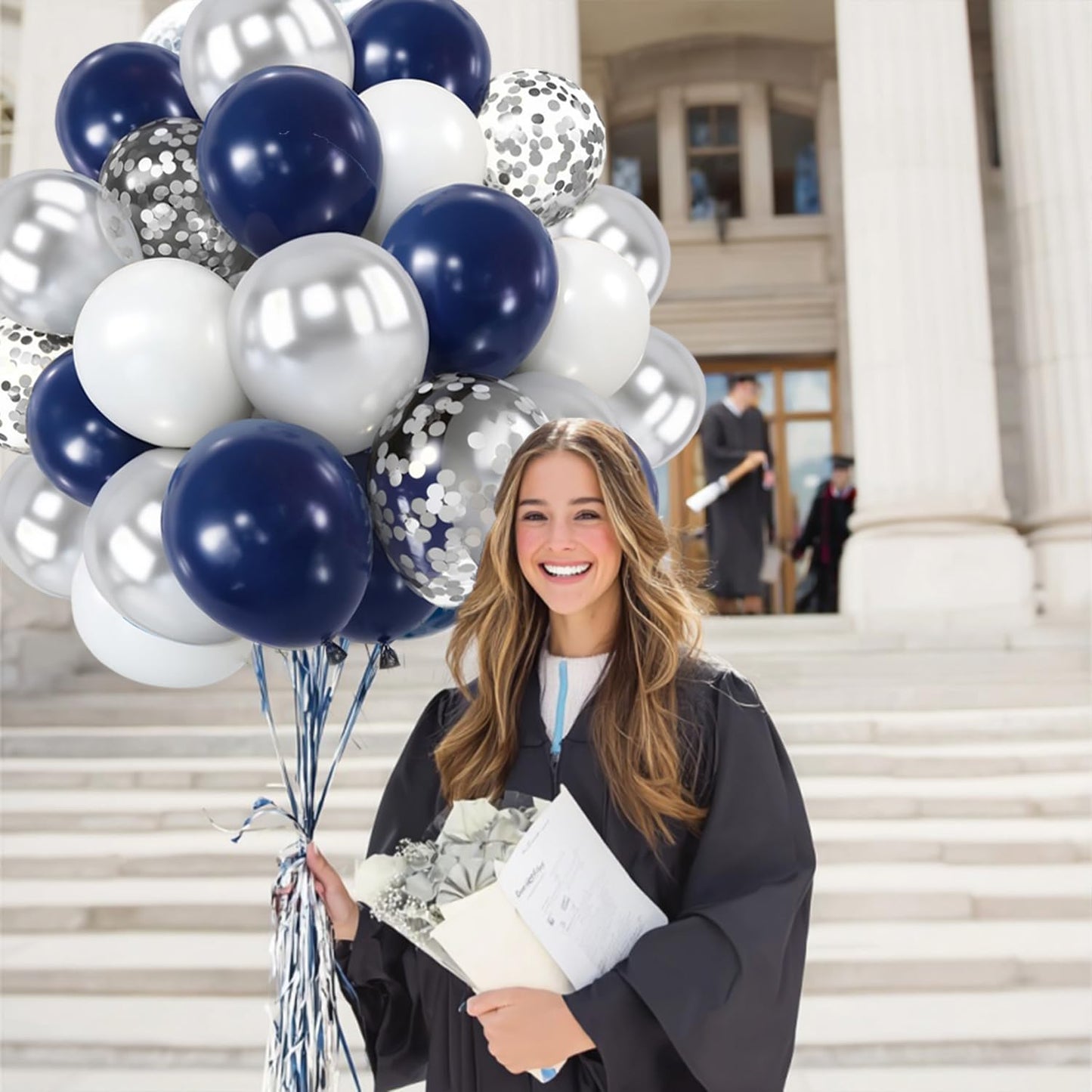 Zesliwy Navy Blue Silver Balloons Kit,50pcs 12inch Royal Dark Blue Metallic Silver White Balloon with Confetti Latex Balloon for Wedding Graduation Birthday Anniversary Party Decorations