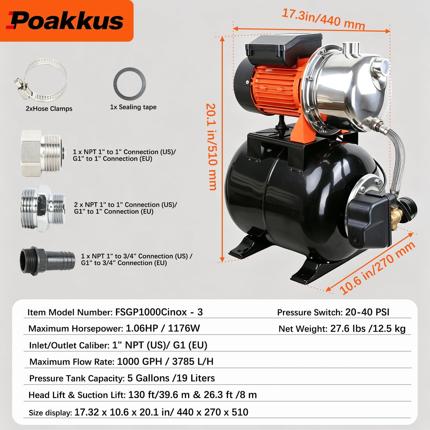 Ioboneed 1 HP Shallow Well Pump with Pressure Tank, 1000 GPH, Automatic Irrigation Water Booster Pump with 130 ft Head Lift 20/40 PSI Pressure Switch 304 Stainless Steel Pump Head for Home Garden Lawn