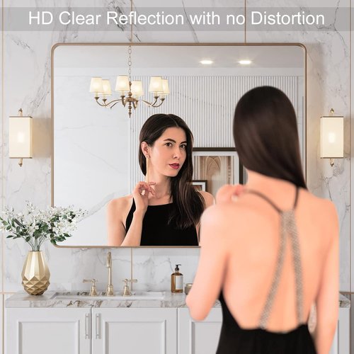 LOAAO Gold Bathroom Mirror - Rounded Rectangle Design, Anti-Rust Tempered Glass, 40" x 32" | Wall-Mounted Vanity Mirror
