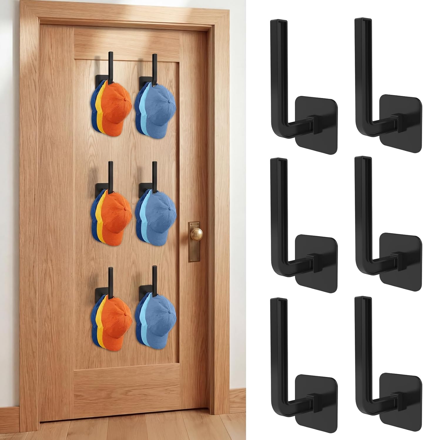 Skiennix 6 Pack Hat Hooks - Strong Adhesive Over The Door Organizer | Durable Black Cap Holders for Bedroom & Closet