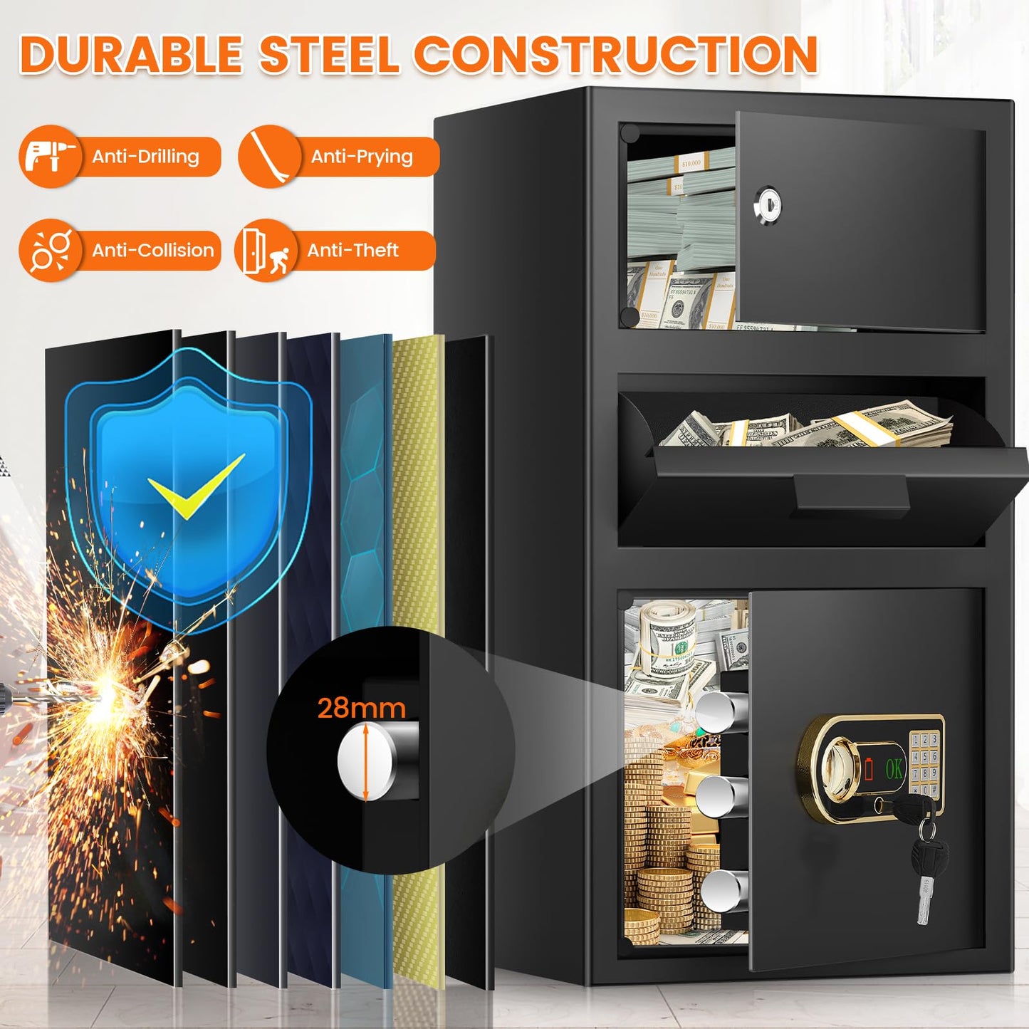 6.0 Cu ft Large Drop Safe Box for Business, Anti-Theft Cash Safes Drop Box with Drop Slot, Digital Keypad and Spare Key, Heavy-duty Depository Drops Safe for Home Retail Busines Restaurants