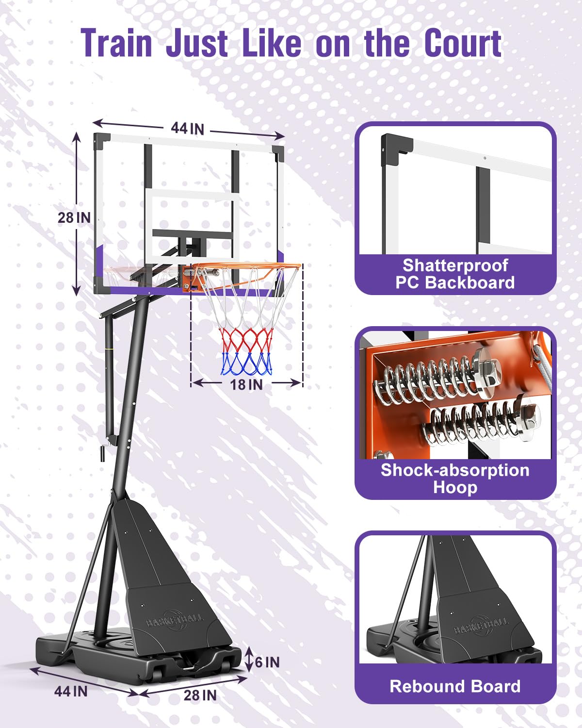 TONBUX Basketball Hoop Outdoor 44 Inch Shatterproof PC Backboard, 5.25-10FT Stepless Adjustable Height, Portable Basketball Hoop for Kids/Teens/Adults in Backyard, Driveway and Indoor