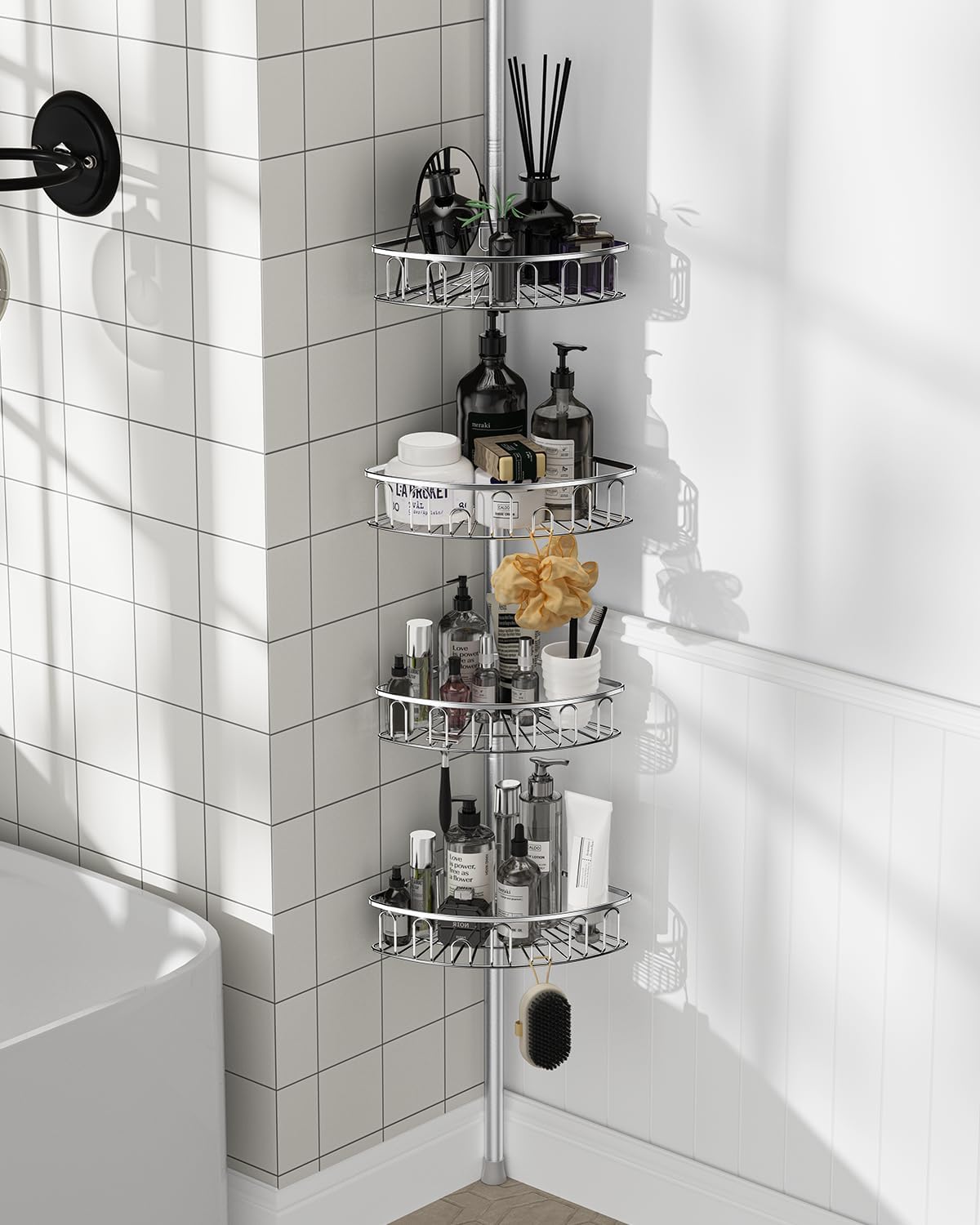 Skiennix Corner Shower Caddy - Aluminum Tension Pole Organizer with 4 Adjustable Rustproof Shelves | 47-121 Inch, No Drilling, Quick Installation