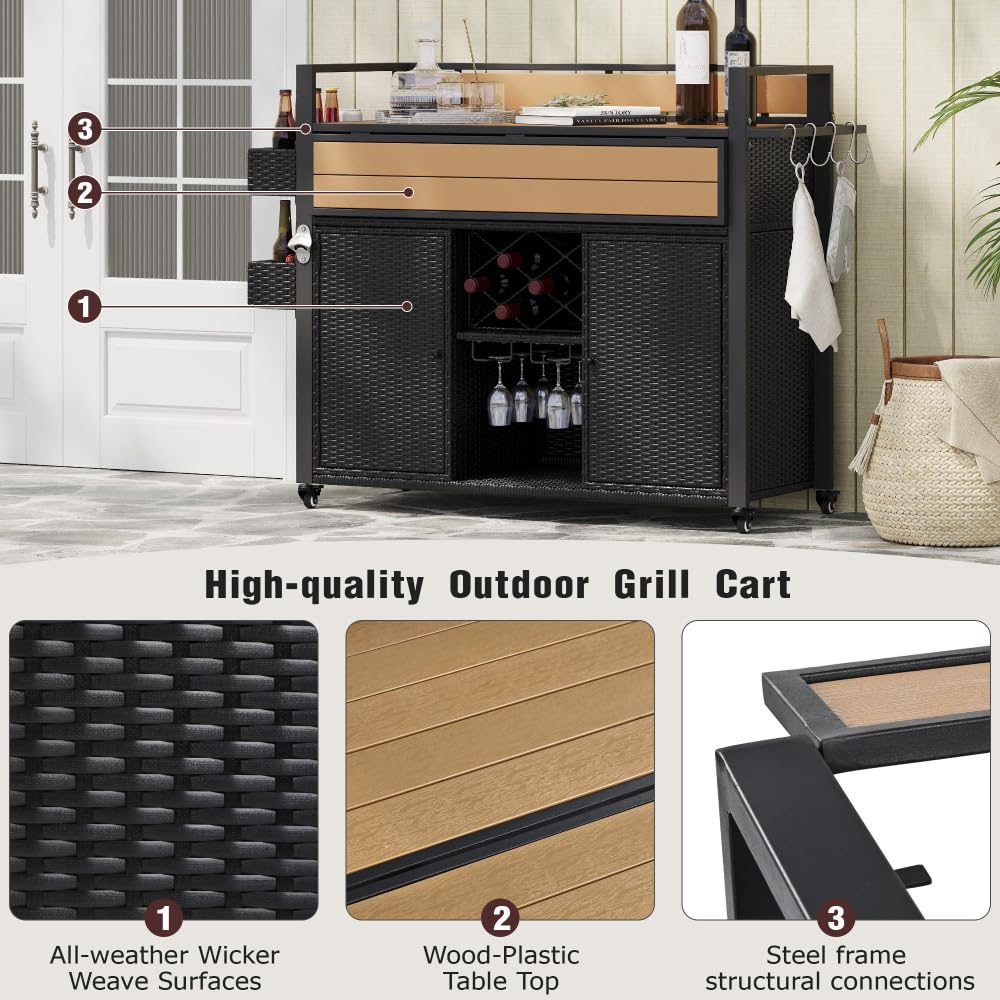 Dfchlda 52.8" Wicker Outdoor Grill Cart with Extended Plastic Wood Table Top, Rolling Kitchen Island with Storage Cabinet, Double Handle Design for Patio, Backyard, Garden, Poolside(Black Brown)