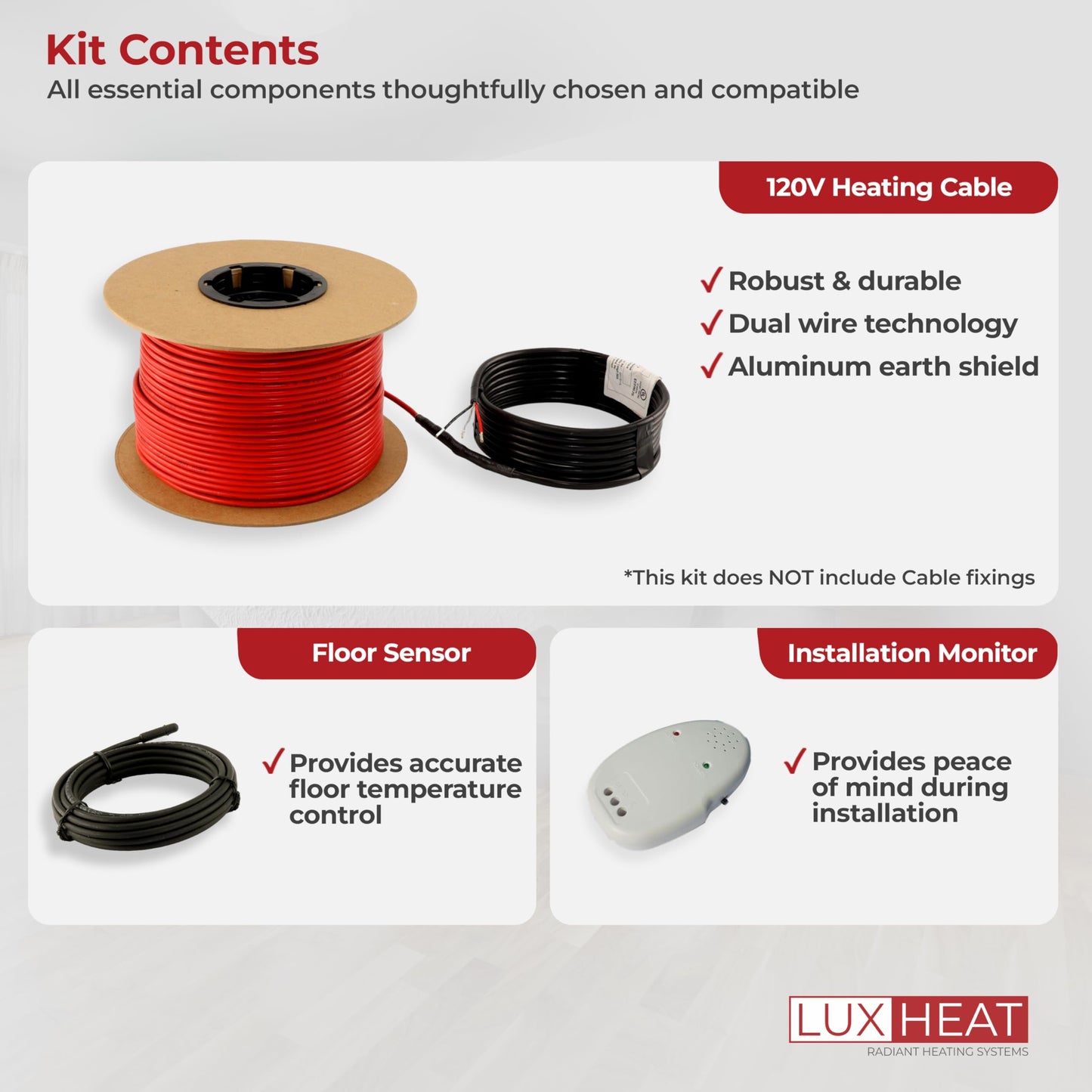 LuxHeat 100sqft Floor Heating Cable Kit - 120v Infloor Heating System for Tile, Vinyl, Laminate - Easy to Install Heated Flooring System Includes In Floor Heat Cable, Alarm & Flooring Sensor