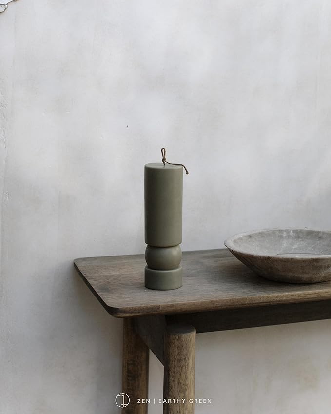LAWA Zen Candle - Beautiful Handmade Pillar Scented Soy Wax Elegant Aesthetic Candle Housewarming Gift Home Room Shelf Decor Idea (Earthy Green)