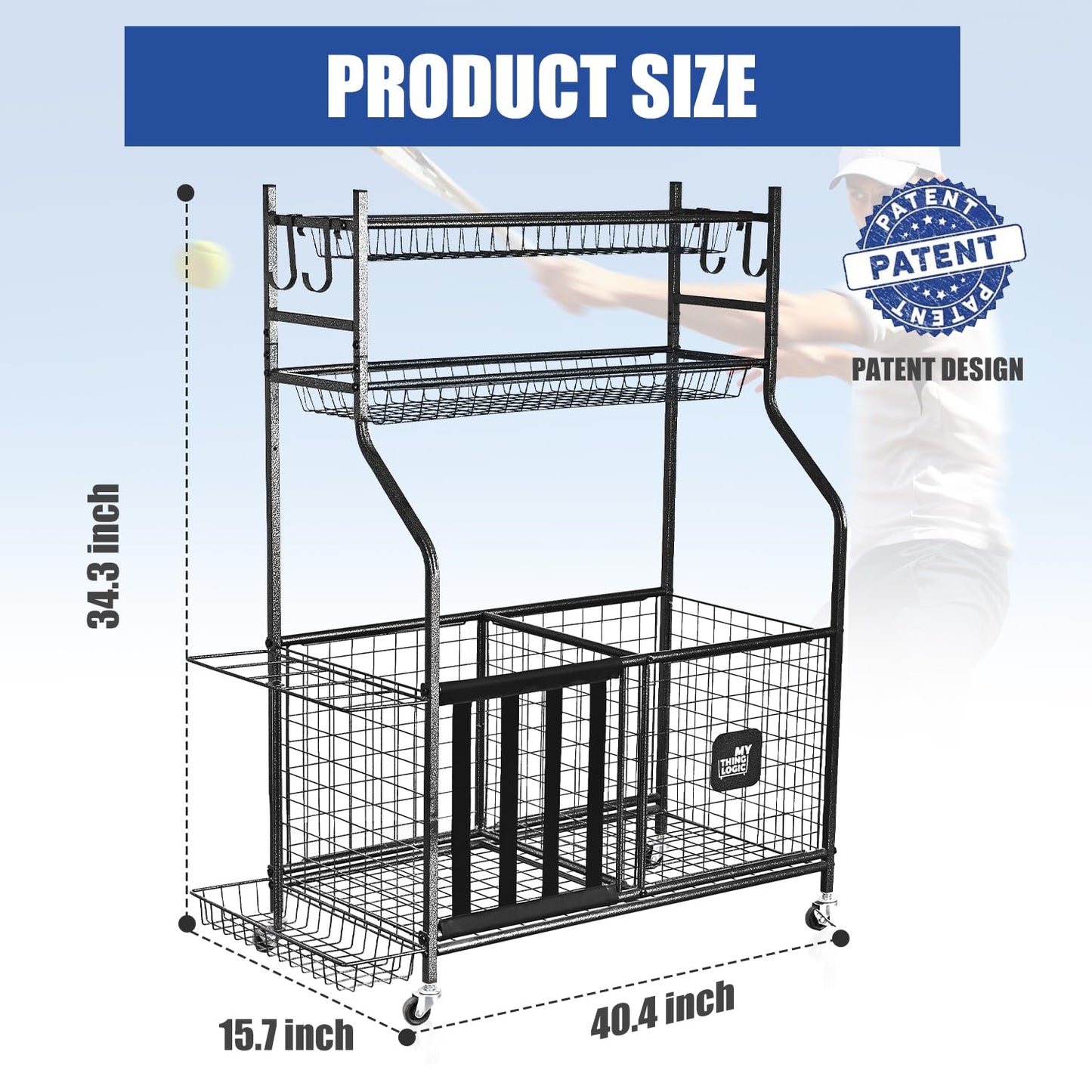 Mythinglogic Garage Sports Equipment Organizer, Baseball Storage Large Capacity, Sports Organizer for Garage with Hooks and Baskets, Ball Storage Rack for Football, Soccer Ball, Bat, Toys