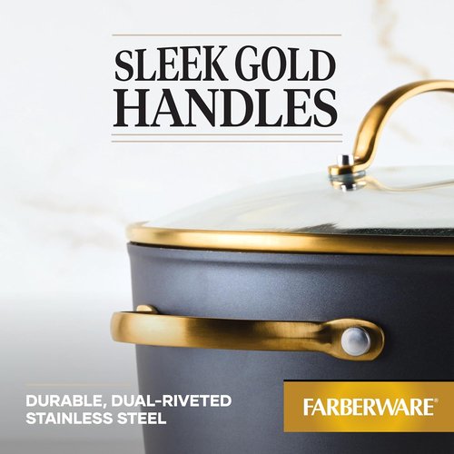 Farberware Forged Induction Stockpot - 6 Quart Ceramic Nonstick Soup Pot with Lid | Dishwasher Safe, Black & Gold