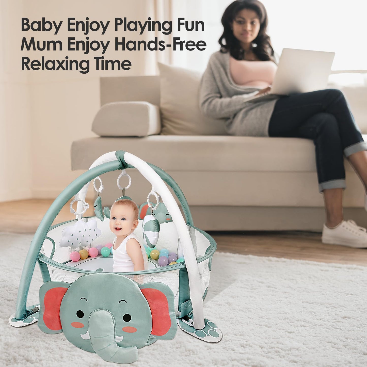 dearlomum 4-in-1 Baby Play Mat Baby Gym,Ball Pit Including 30 Balls for Newborn Toddler Boy & Girl Gifts(Elephant)