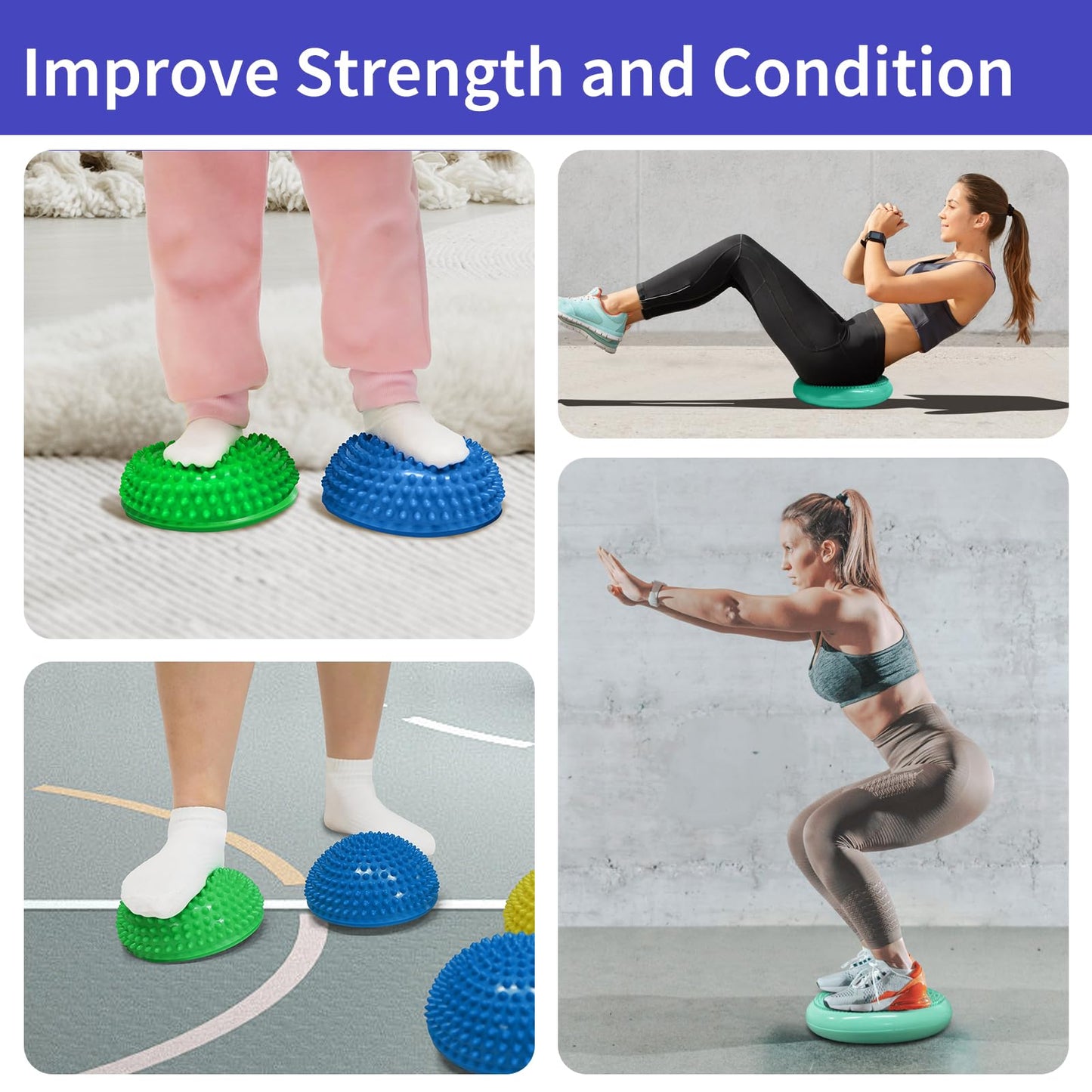Wobble Cushion Set for Core Body Balance Training - Wiggle Disc Plus 4 Hedgehog Balance Pods and Pump, Inflatable Stepping Pads for Adults（Teal）