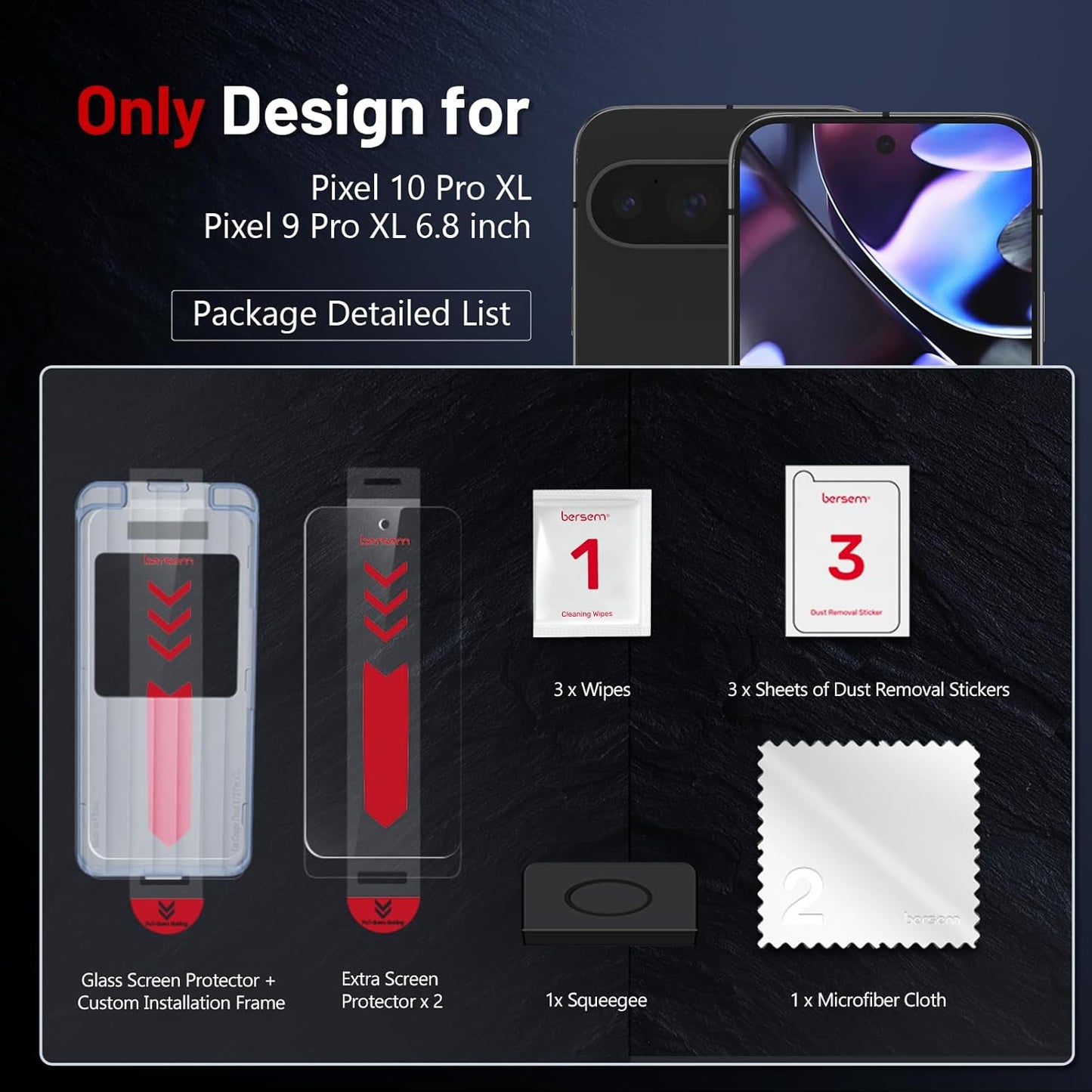 3 Pack 10 9 9H+ BERSEM for Google Pixel Pro XL/Pixel Pro XL Screen Protector, Tempered Glass Film with Customized