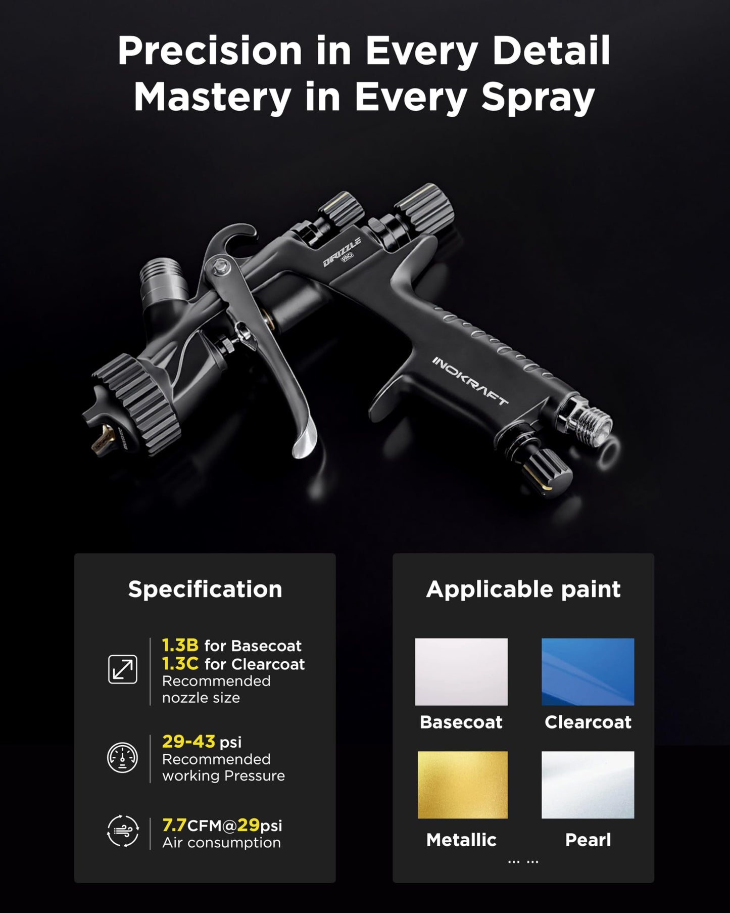 InoKraft Drizzle Pro LVLP Spray Gun, Precise Low-Overspray Performance with Ultra-Light 340g Design. Includes 1.3B/1.3C Nozzles and Accessories, Ideal for Automotive and Industrial Coatings
