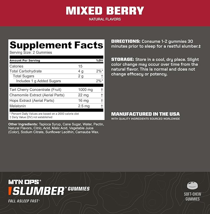 MTN OPS Slumber Sleep Gummies ??60 Servings, Tart Cherry 1000mg, Melatonin 2.5mg, Chamomile, Natural Flavors, Made in USA, Mixed Berry, Nighttime Sleep Aid