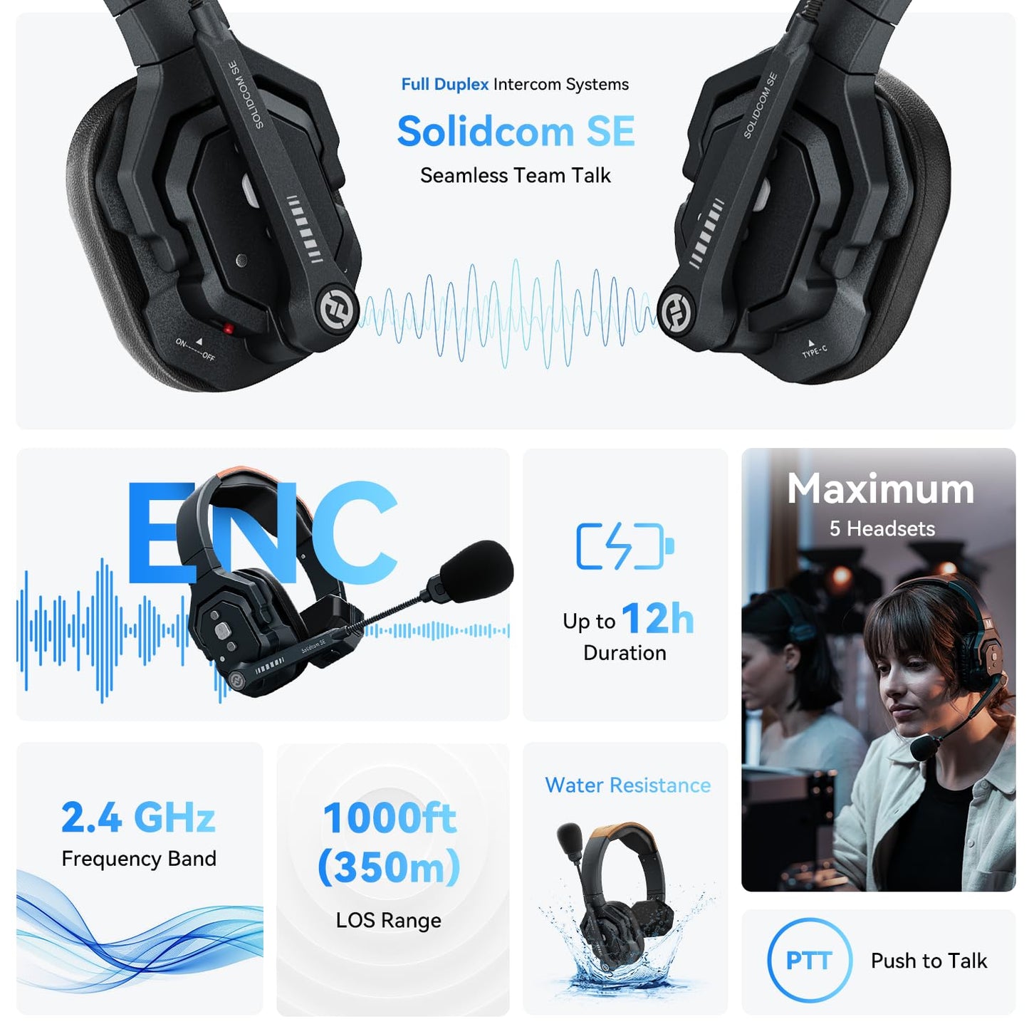 Hollyland Solidcom SE Full Duplex 2-Users ENC Noise Cancellation Wireless Intercom Headset System 1100ft Team Communication with PTT Mute Single Ear Headset for TV Film Production (2.4GHz Version)