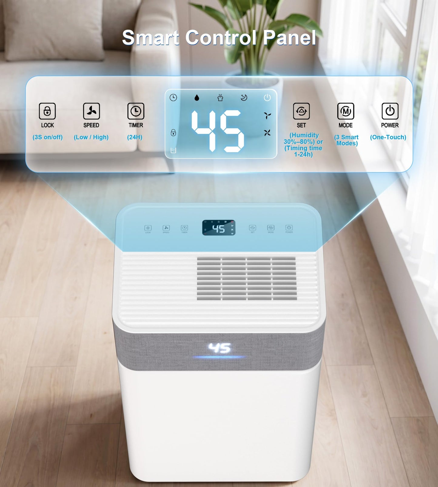AKIRES 55Pint Dehumidifier for 4000Sq.Ft, Smart Dehumidifier with Drain Hose, 1.15Gal Removable Tank, LED Display, 24H Timer & Child Lock, Dehumidifier for Basement,Bedroom,Bathroom(White)