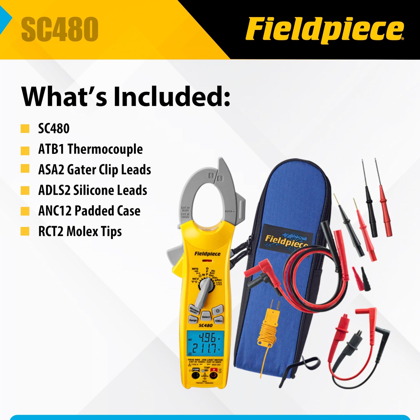 Fieldpiece SC480 Wireless Power Clamp Meter - True RMS HVACR Multimeter w/Job Link App Connectivity - Inrush Current, 3-Phase Testing, Low Pass Filter, CAT IV 600V - HVAC Tools