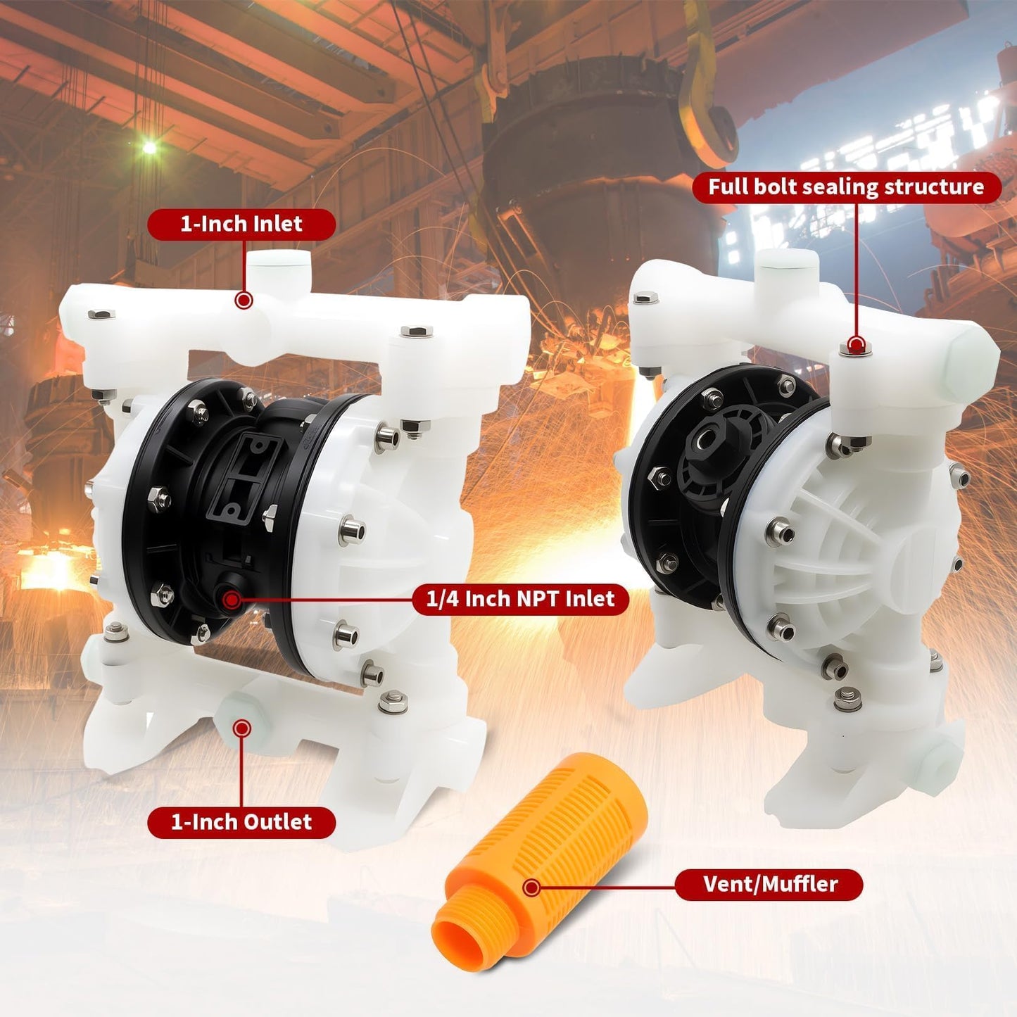 Nakkaa Pneumatic Double Diaphragm Pump PTFE 22GPM Transfer Pump 1" In/Out Max 120PSI, Used to Transport Various Low Viscosity Liquids Such as Hydraulic Fluid, diesel, coating,etc