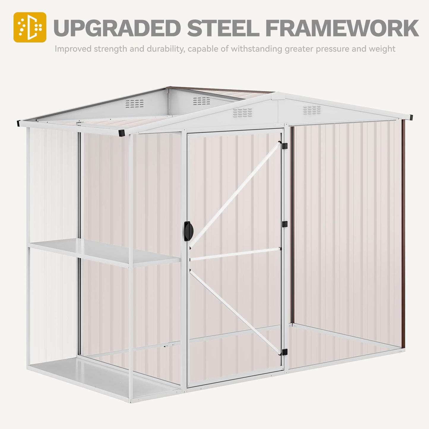 DWVO Outdoor Storage Shed 8x4FT with Rack, Metal Garden Shed with Storage Shelves, Bike Storage Tool Cabinet Box for Lawn Backyard Patio Use, Brown