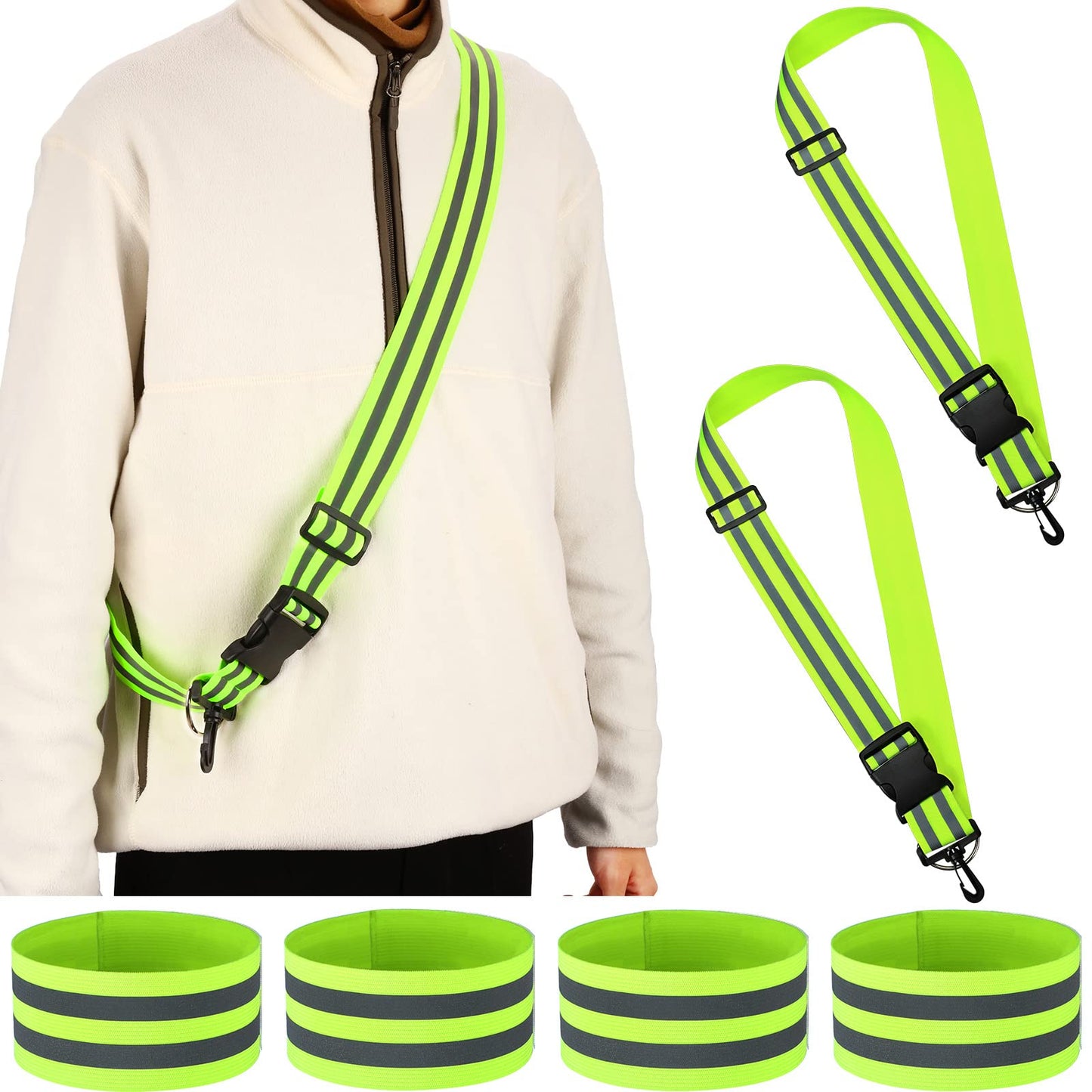 Saintrygo 6 Pcs Reflective Sash for Walking at Night Reflective Strap Arm Band High Visibility Belt Safety Ankle Strap for Visibility Vest Clothing Running Gear(Fluorescent Green)