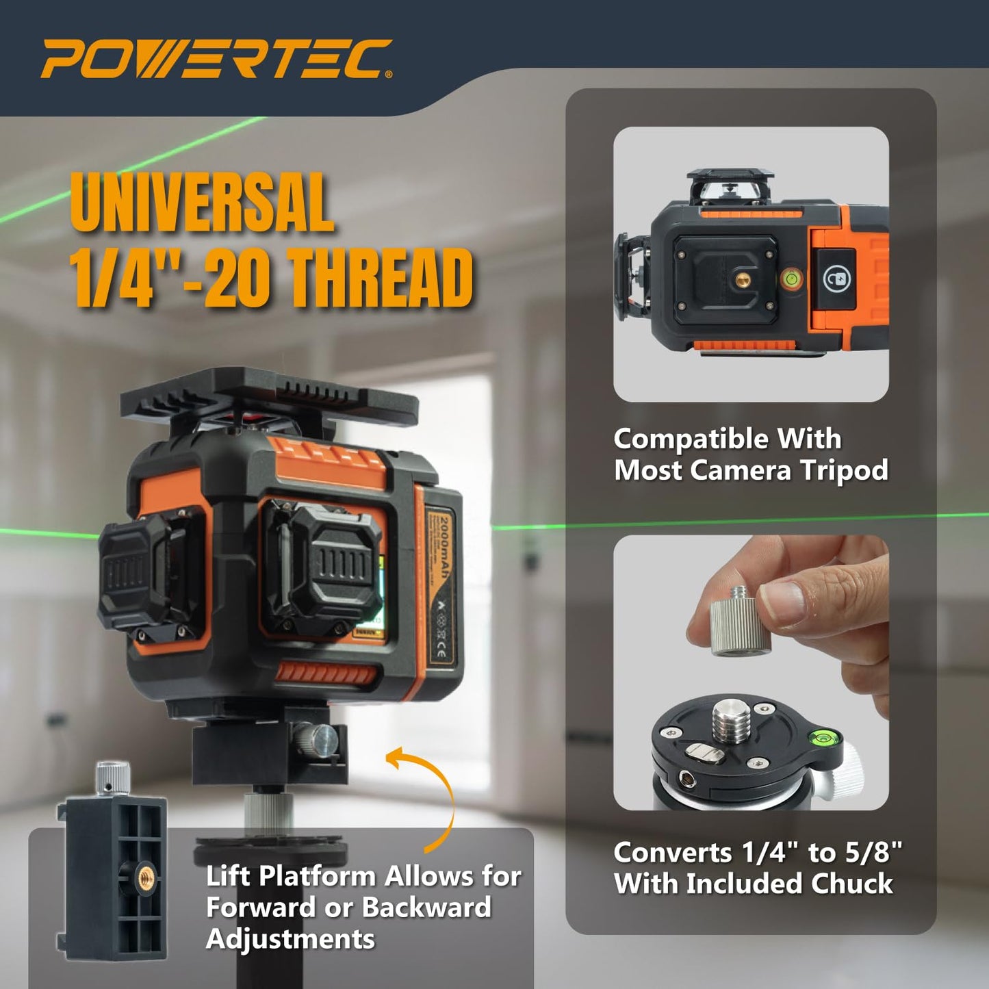POWERTEC LE3360V 3×360° Laser Level, Self-Leveling with Remote Control & Lift Platform, USB-C Rechargeable – For Construction, Tiling, Framing, Drop Ceilings, Cabinets & DIY Projects