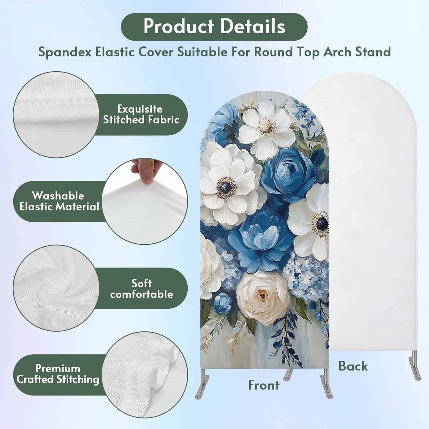 Jnbasdffb 7.2 Country Hydrangeas Flower Wedding Arch Cover,Stretchy Spandex Arch Backdrop Stand Covers FT,Blue White