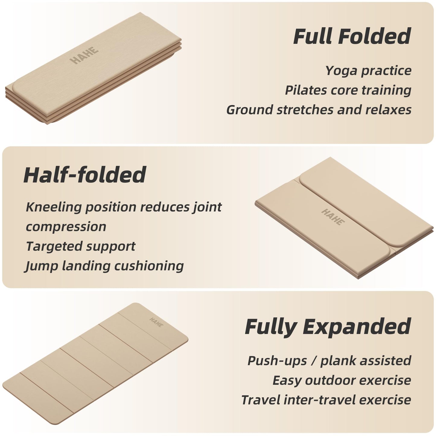Foldable Yoga Mat, 74"Lx32"Wx1/3"Thick, Folding Exercise Mat, Non-slip Wide Pilates Mats for Home Workout/Travel, Portable Yoga Mat Thick for Yoga/Pilates/Camping/Floor Exercises (Cream)