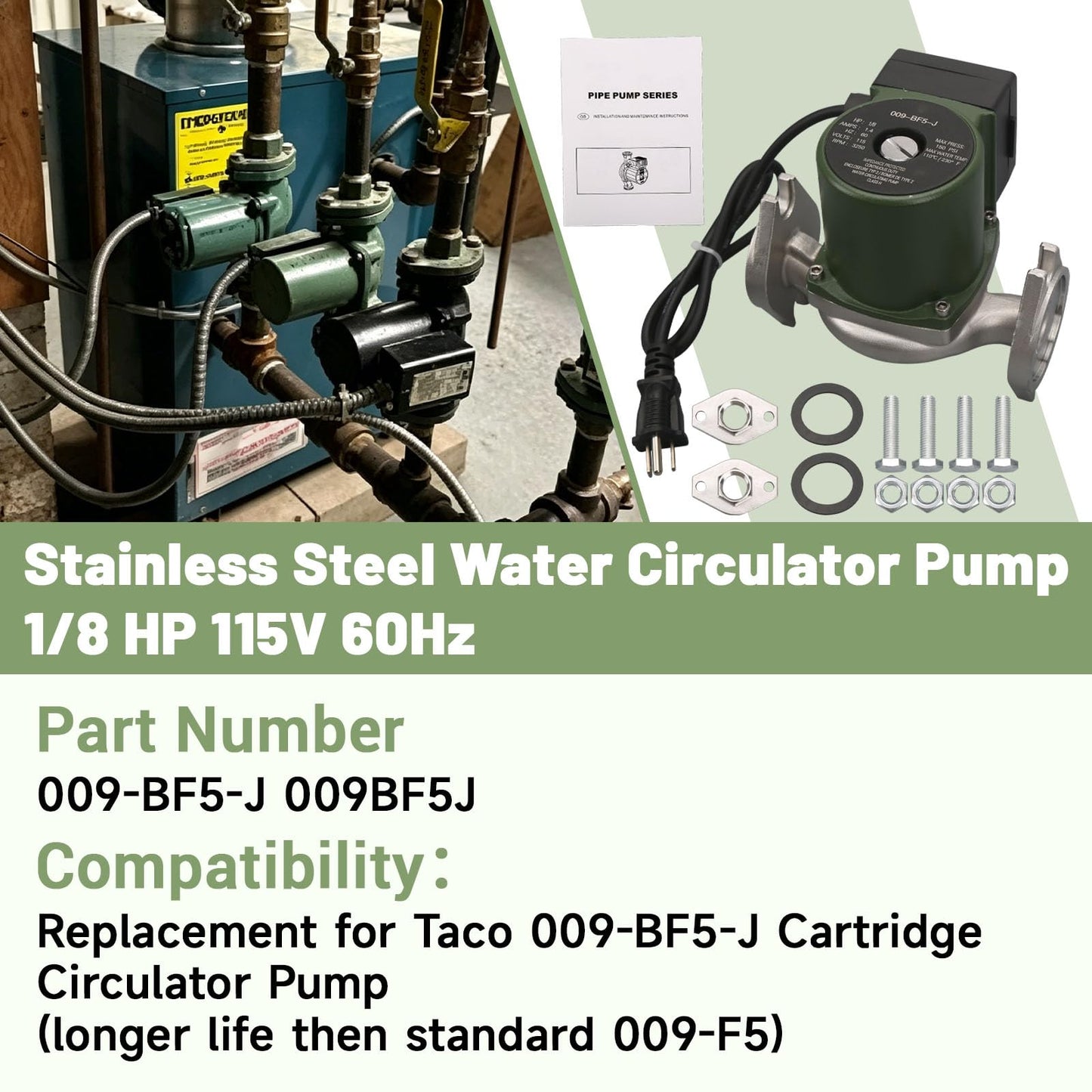 009-BF5-J Stainless Steel Water Circulator Pump 1/8 HP 115V 60Hz for Hydronic Heating Boiler Hot Water Circulation System