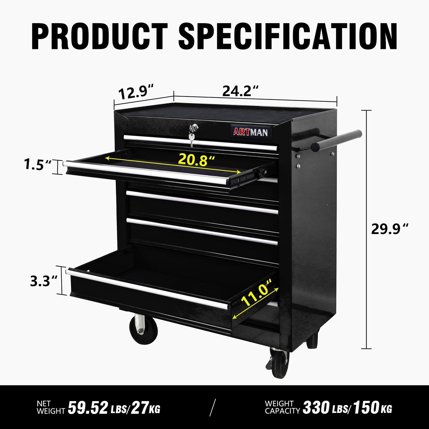 nifoti 7 Drawers Rolling Tool Cart on Wheels, Multifunctional Organizer Tool Chest Tool Case, Trolley Tool Storage Tool Box for Workshop,Garage,Repair Shop (7 Drawers 24.2" W×12.9" D×29.9" H-Black)