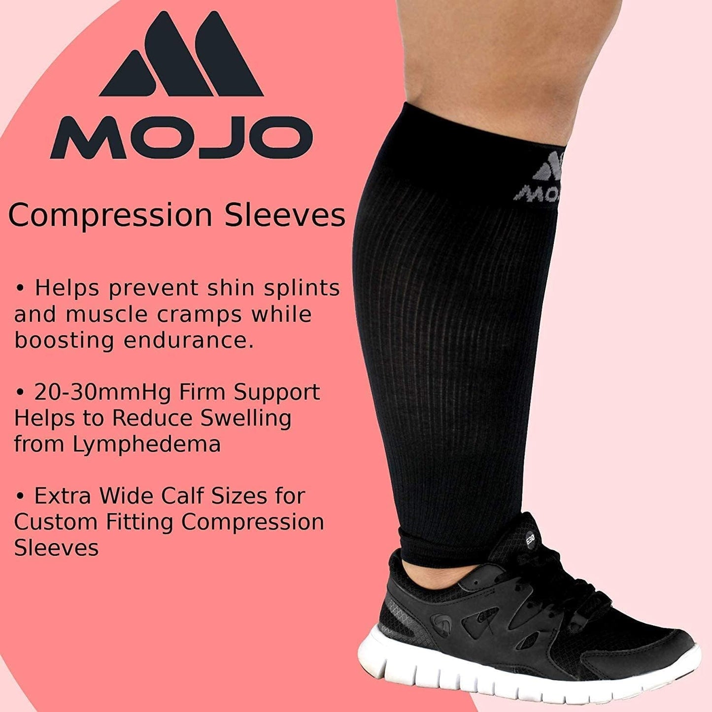 Mojo - Compression Socks Footless for Women and Men 20-30mmHg - Extra Wide Calf Compression Sleeve for Lymphedema, Varicose Veins Circulation - Black, 5X-Large - A604