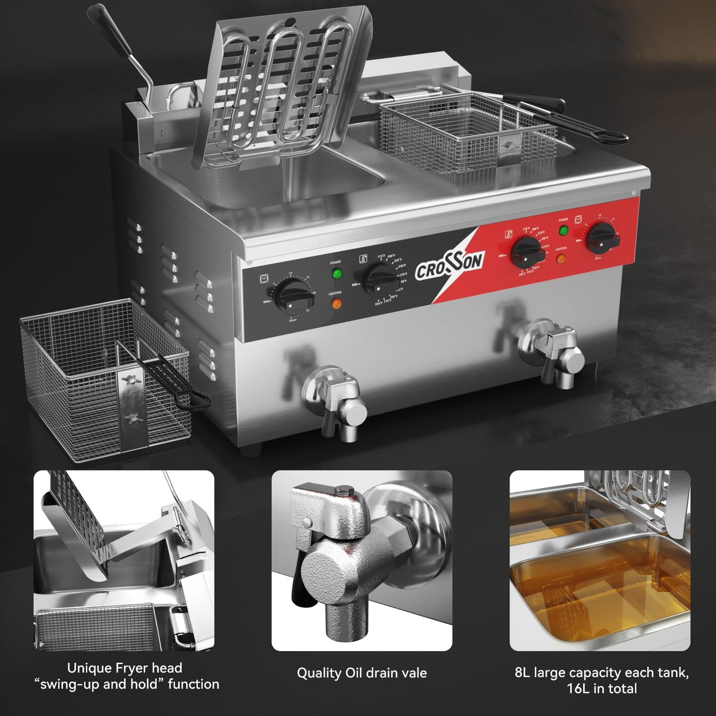 CROSSON 16L Dual Tank Countertop Electric Deep Fryer with "Swing-up and Hold",Drain Valve,Strech forming Oil Tank and Solid Wire Mesh Basket for Restaurant Use 120V,3600W Commercial Deep Fryer