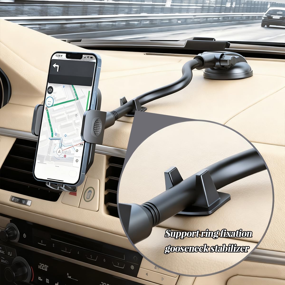 ANFTDCO Car Phone Holder Mount, Gooseneck Vehicle Dashboard Windshield Smart Phones Cradle with Strong Suction Cup