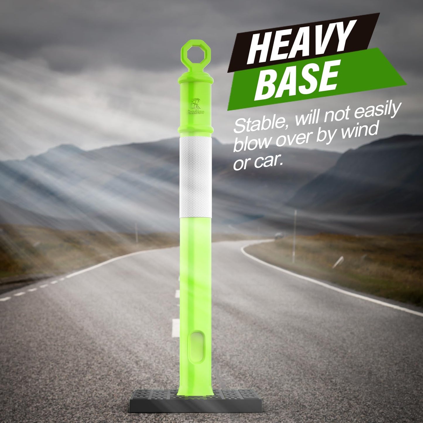 RoadHero 45 Inch Delineator Post with Base, Portable Lime Green Traffic Delineator Posts Cones with Reflective Collars for Parking Lots, Road Safety, Construction Events (6 Pack)