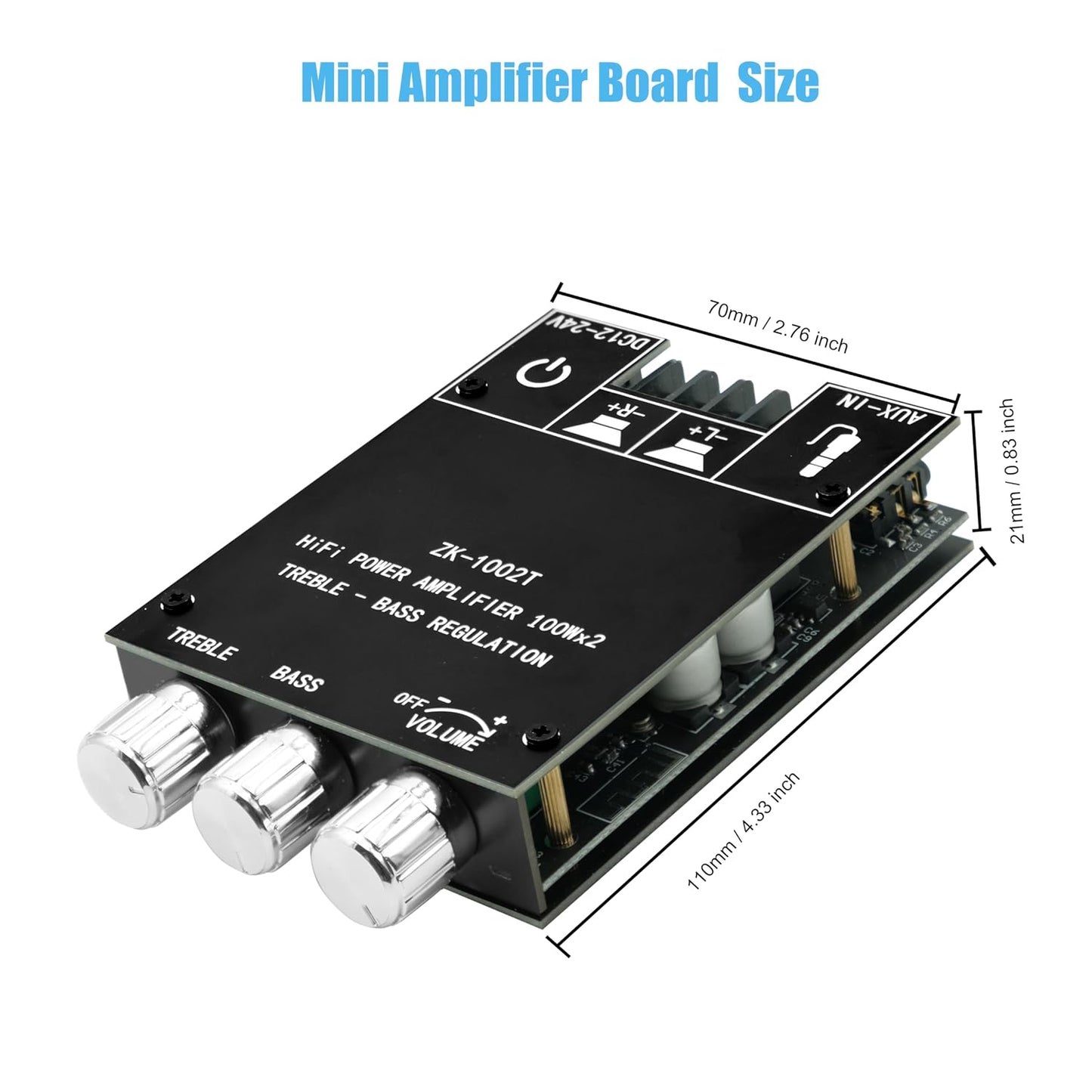 ZK-1002T 100W+100W 2.0 TPA3116D2 9-24V, Bluetooth Amplifier Board with Treble and Bass Control, Channel Stereo Audio
