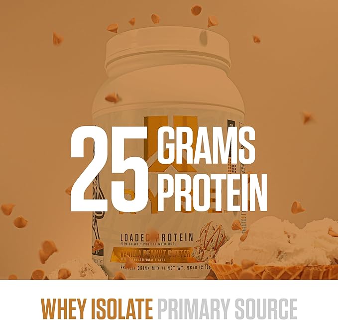 RYSE Loaded Protein Powder - Vanilla Peanut Butter - 25g Whey Protein Isolate & Concentrate with Prebiotic Fiber & MCTs - Low Carb, Low Sugar, Digestive-Friendly - 27 Servings / 2 lb Tub