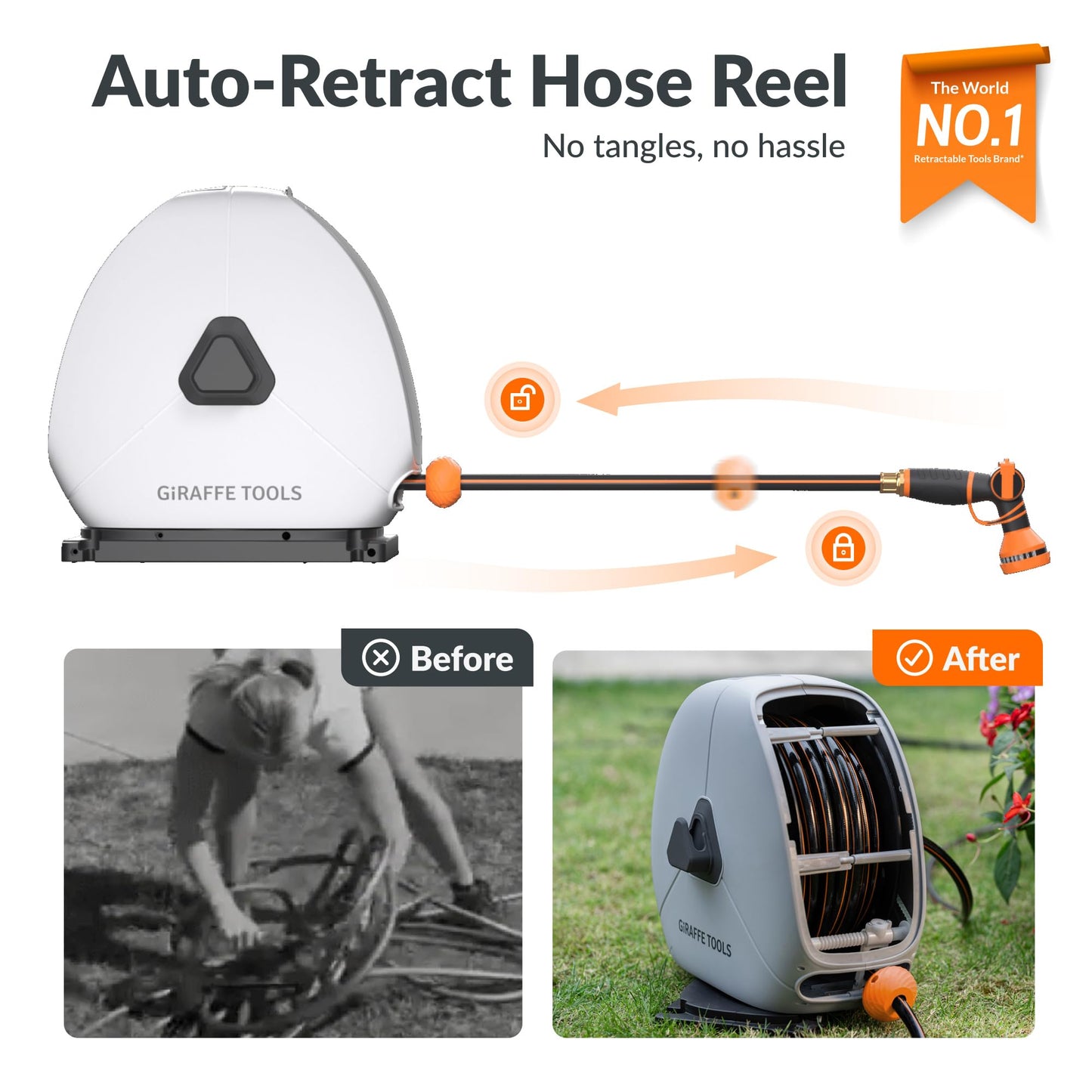 Giraffe Tools Retractable Heavy Duty Hose Reel, 1/2" x 130FT Automatic Rewind Garden Hose Reel with 360° Swivel Base, Ground Mounted for Lawn, Patio, Concrete Floor & Yard Watering