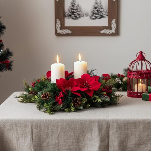 Kathfly 20" Christmas Poinsettia Centerpiece - Elegant Dining Table Decoration with Candle Holders & Red Flowers