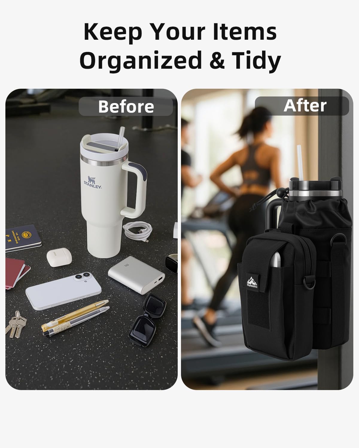Nefeeko Magnetic Water Bottle Holder with Detachable 2-in-1 Phone Bag, 10 Strong Magnets Gym Pouch for Metal Surfaces, Fits 20-40 Oz Tumblers with Handles, Heavy-Duty 600D Oxford Sling Carrier