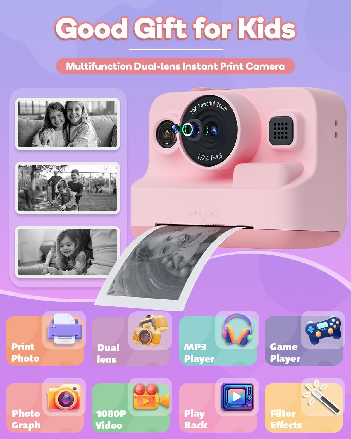 Dylanto Print,1080P 3-12,Portable 3 4 5 6 7 8 9 10 Kids Camera Instant Kids Instant Cameras that Print Photos,Christmas