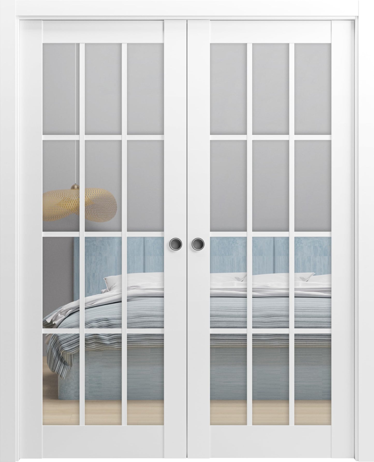 SARTODOORS - Sliding French Double Pocket Doors 64 x 80 inches Clear Glass 12 Lites| Felicia 3355 Matte White | Kit Trims Rail Hardware | Solid Wood Interior Bedroom Sturdy Doors