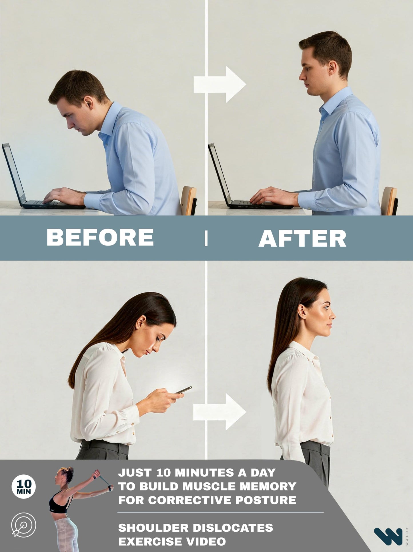 WALUE™ Posture Correction & Shoulder Exerciser – Non-Elastic Stretch Strap for Exercise, Yoga, Flexibility & Physical Therapy