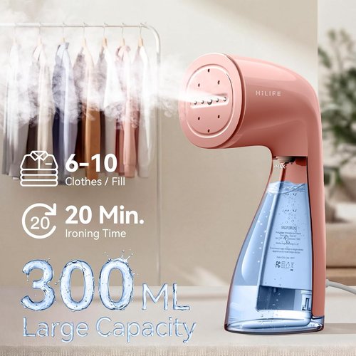HiLIFE Clothes Steamer - 1100W Fast Wrinkle Removal, 300ml Tank, Portable & Easy to Use - Pink