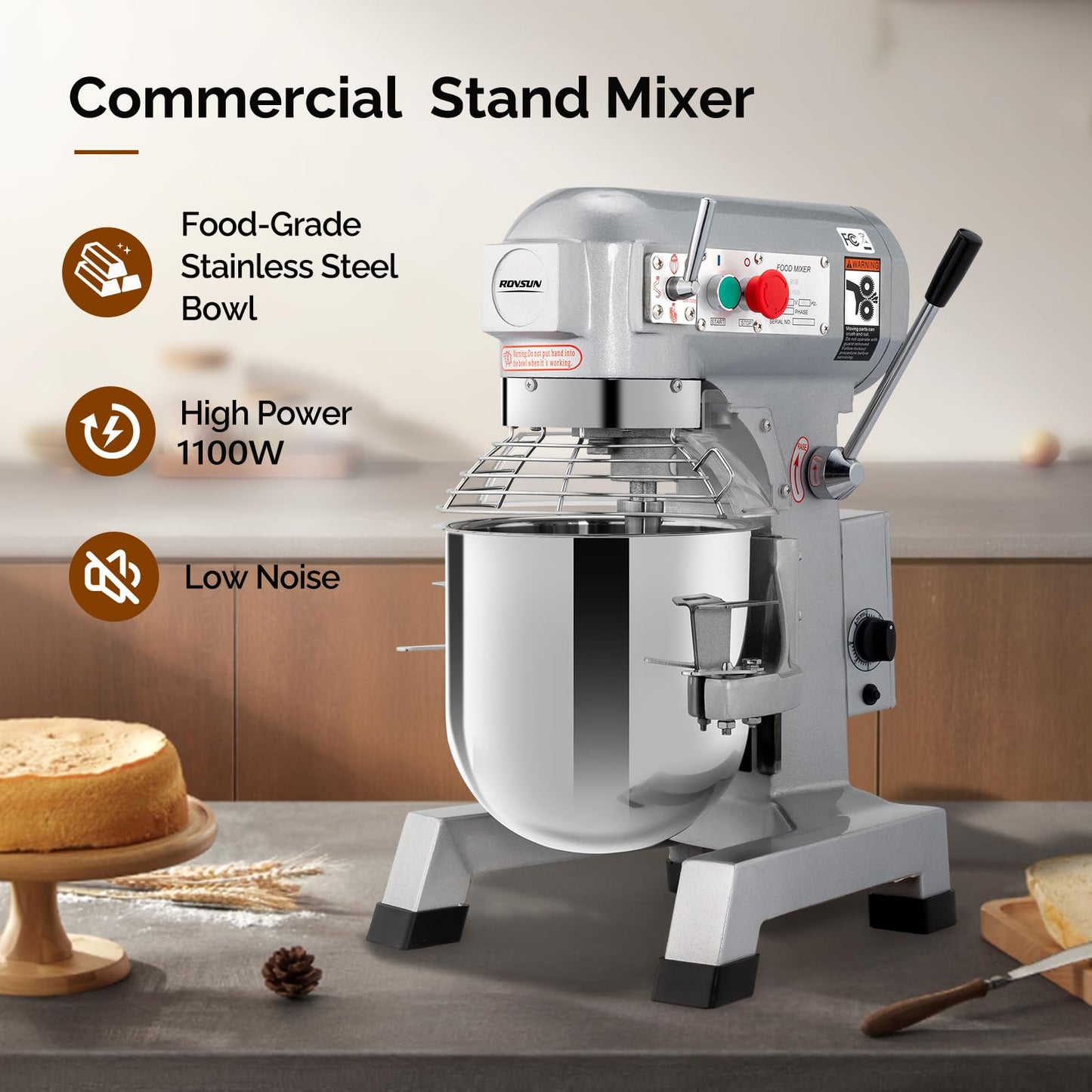 ROVSUN 30QT Commercial Food Mixer, 1100W Commercial mixer with 3 Adjustable Speed, Heavy Duty Electric Stand Food Mixer with Stainless Steel Bowl for Bakery Pizzeria