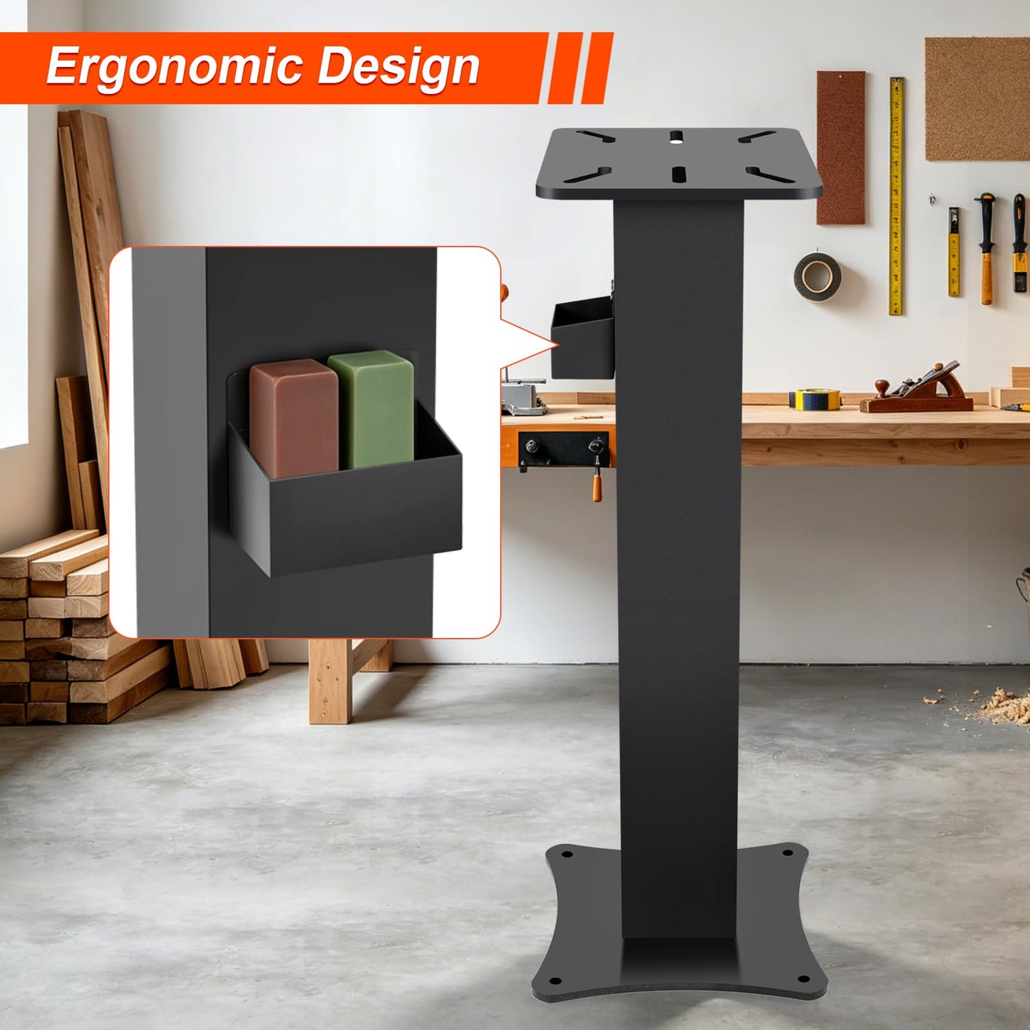 LMYYGOO Bench Grinder Stand, Heavy-Duty Floor Pedestal with 13.77" x 9.84" Mounting Plate, 32.67" Height, Pre-Cut Slots & Water Pot, Compatible with Bench Grinders, Vises, Drill Press and More