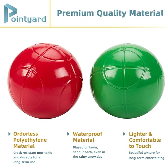 Pointyard 100mm Bocce Ball Set, Regulation Bocci Ball Set with 8 PE Bocce Balls/1 Pallino/Carrying Bag/Measuring Tape - Outdoor Family Bocce Game for Backyard/Lawn/Beach (Red,Blue,Green,Yellow)